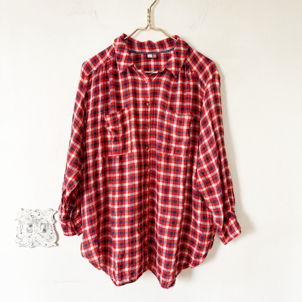 Anthropologie Pilcro Red White and Blue Plaid Relaxed Button Down Shirt XLP
